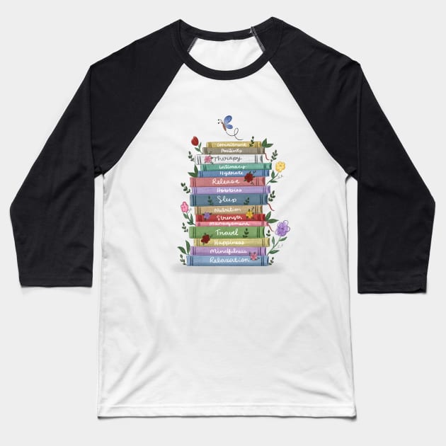 Book Stack & Flowers Baseball T-Shirt by The Pretty Pink Studio